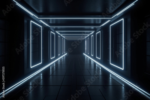 A dark corridor lit by white neon lights. Reflections on the floor and walls Generative AI