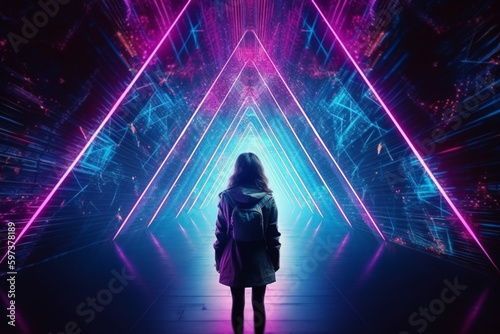 business woman Rear view Blue pink neon triangle portal abstract background  Generative AI © Muhammad Shoaib
