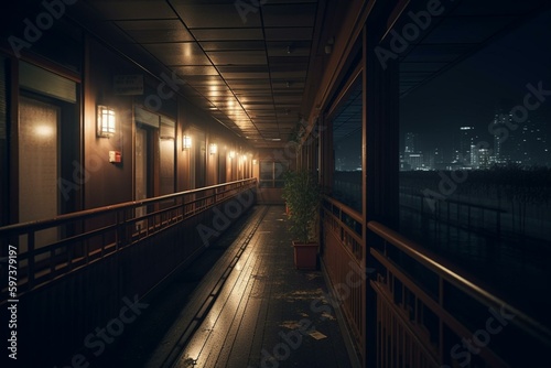 2D anime illustration of dark high school balcony corridor at night. Generative AI