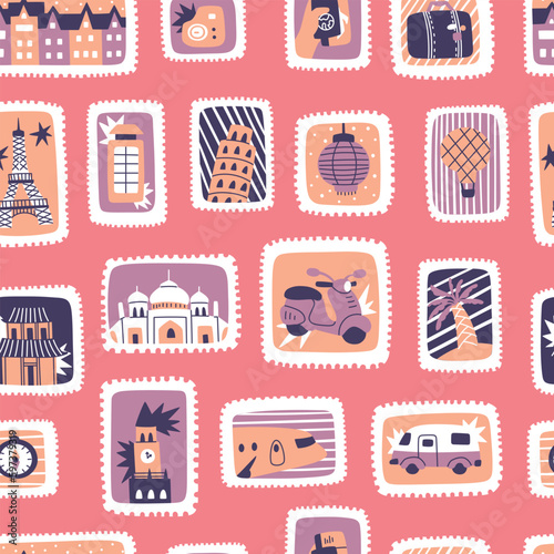 Seamless pattern stamps, postage stamp with colorful travel elements. Hand drawn vector illustration