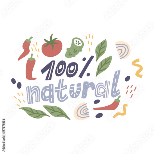 Illustration with hands drawn healthy food and lettering. Vector doodle illustration.