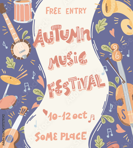 Music festival. Vector illustrations musical instruments: drums, synthesizer and other musical instruments. 
