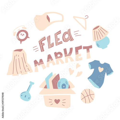 Items sold at flea markets and garage sales. Hand-drawn cartoon style.