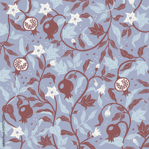 Vector background with pomegranate fruits and flowers.   Best for textile or wrapping paper