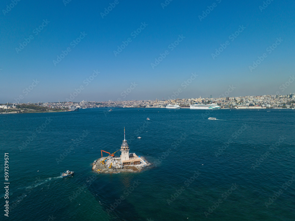 Renovated Maiden's Tower (Kiz Kulesi) Drone Photo, Üsküdar Istanbul, Turkiye