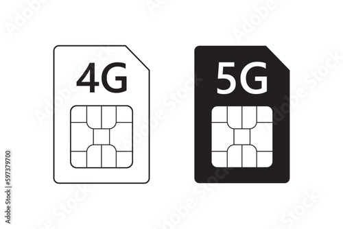 Sim card 4g and 5G. Mobile hotspot network cellphone chip, 5G gsm cell connection simcard, lte internet technology. set of two simcards isolated on white background.