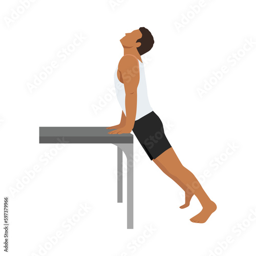 Man doing workout at office upward dog on desk. Flat vector