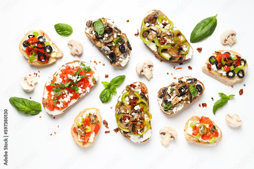 Toasts with tasty grilled vegetables, concept of delicious appetizer
