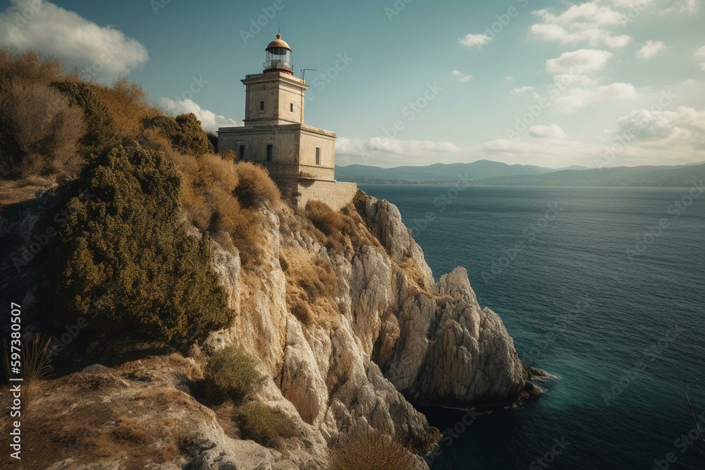 A lighthouse on the island of Corfu in Greece. Generative AI