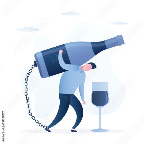Drunk male character chained to wine bottle. Alcohol addiction, hangover. Unhappy young man dependent to strong alcoholic drinks . Alcoholism, social issues, unhealthy lifestyle.