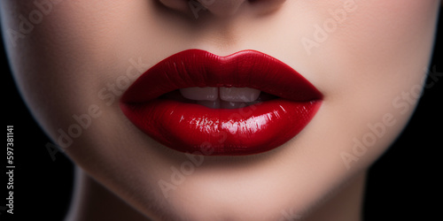 Sexy Mund mit rotem Lippenstift einer Frau Nahaufnahme, ai generativ