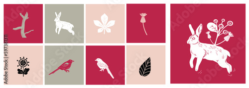 Decorative modern elements. Vector print of nature, birds, hares, plants.