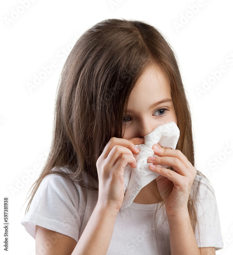 Little girl with allergies wipes her nose with a handkerchief