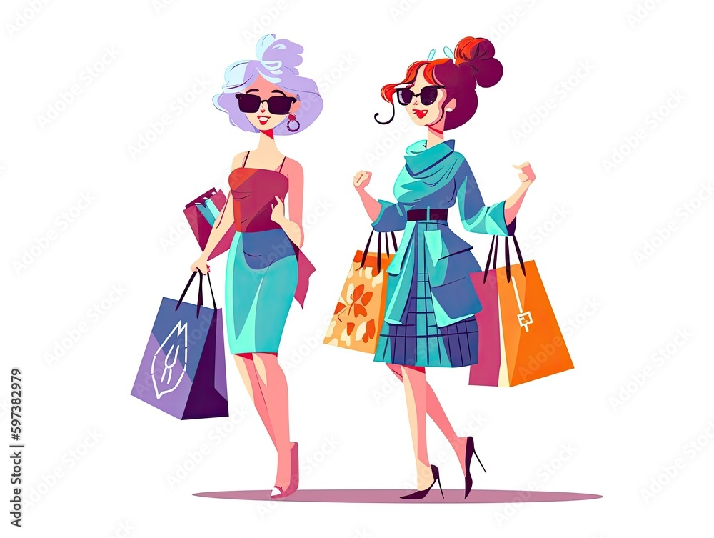 Shopping Girls Illustration on White Background - AI Generated