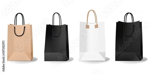 Paper Shopping Bags with Handle Isolated on White Background - AI Generated