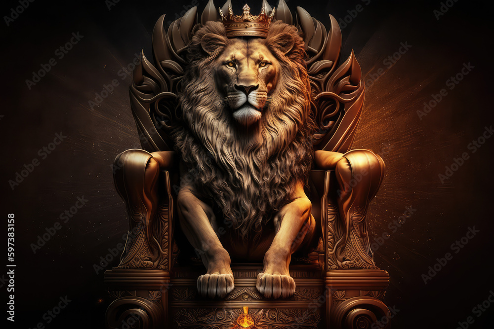 Majestic lion king wearing golden crown sitting on the wooden throne ...