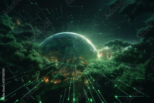 Futuristic green digital world with information and binary code flow. Generative AI