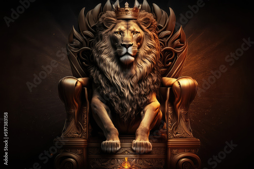 Majestic lion king wearing golden crown sitting on the wooden throne, generative AI photo