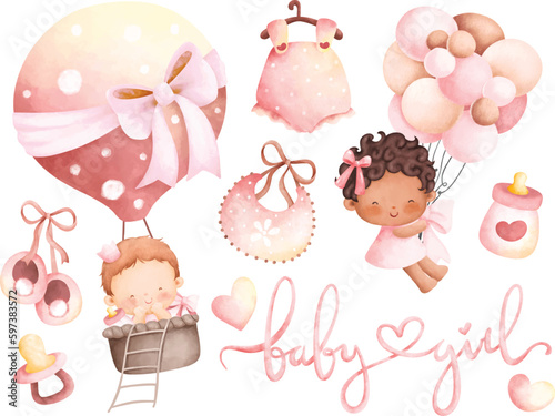 Watercolor illustration set of cute baby girl and baby stuff