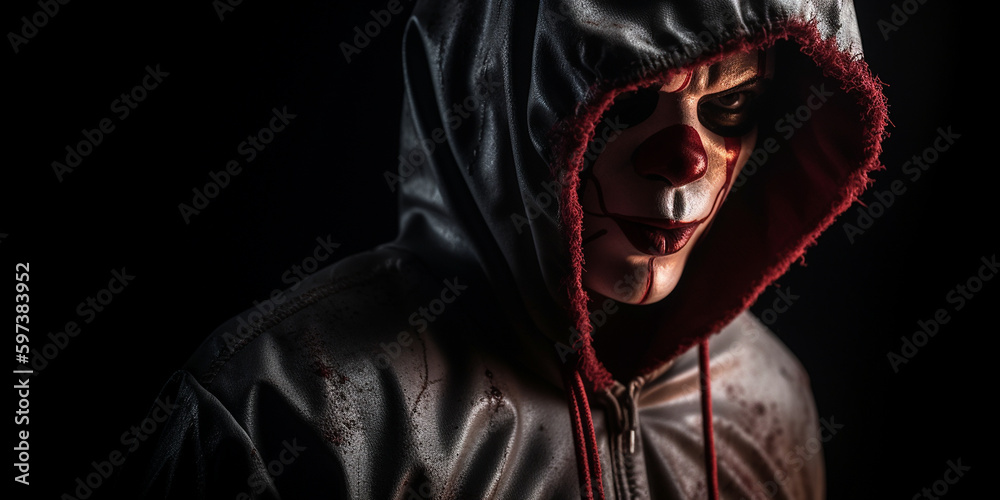 Monster Gesicht Clown mit Kapuze Nahaufnahme Monster Gesicht Clown mit Kapuze Nahaufnahme