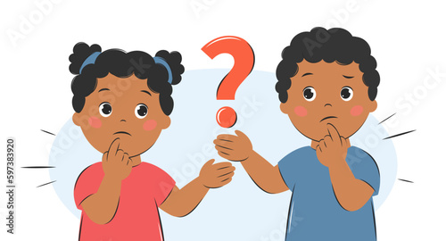 Children ponder the question. Cartoon characters girl and boy for children design. Knowledge and education concept. Vector illustration