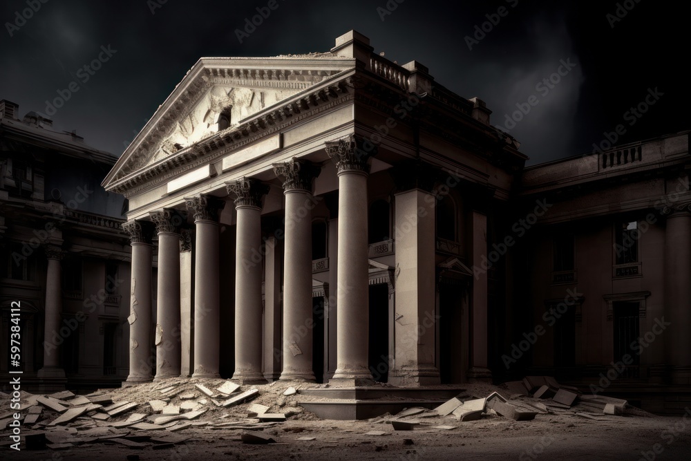 Obraz premium Collapsing financial systems, banking crises, recession, bank runs, interest rates increase, inflation, unemployment, stagnation, bankruptcy, insolvency, image with destroyed bank, generative Ai