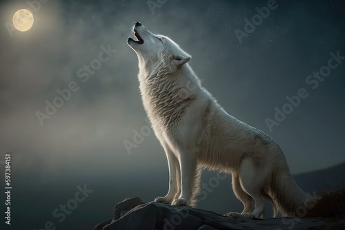 white wolf howling at the moon, generative AI photo