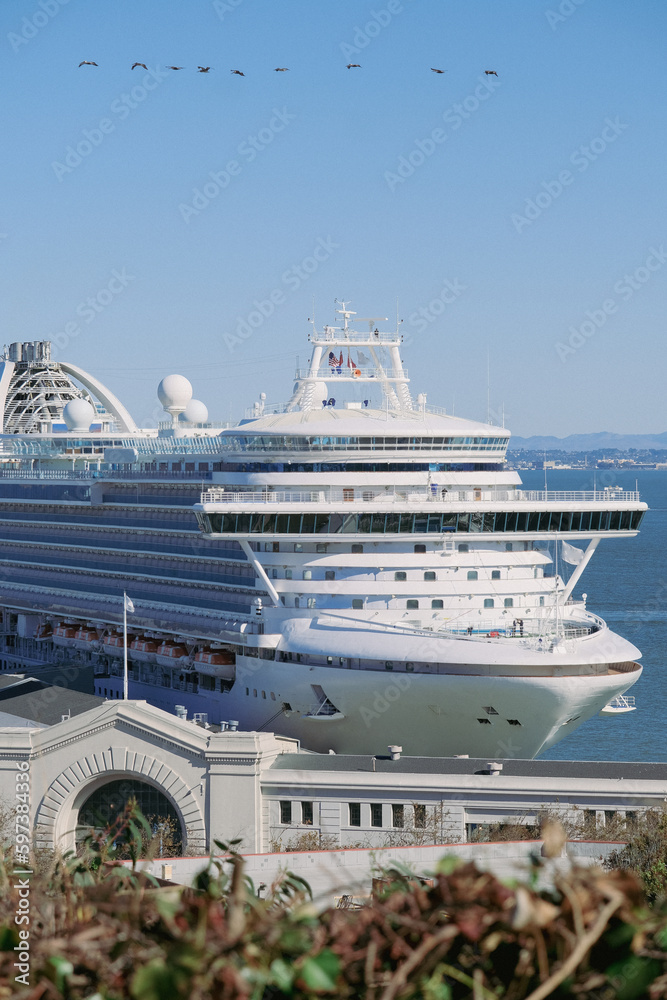 Mega cruiseship cruise ship luxury liner Ruby in port of San Francisco Bay, California at terminal pier before Alaska Mexican Riviera Hawaii cruise