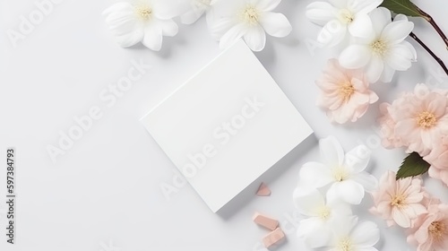 Top view blank card with flowers Abstract organic flowers Blooming floral on white background