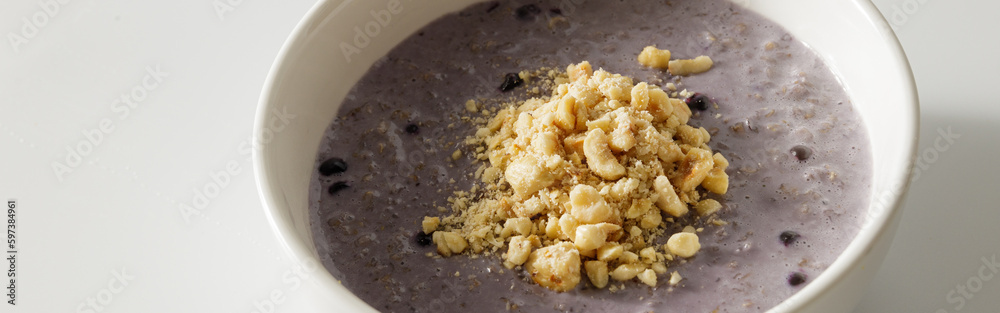 Breakfast with muesli and asai blueberry smoothie Breakfast with muesli and asai blueberry smoothie