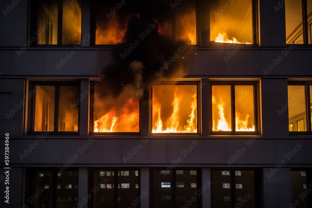 fire in the window of the building. a burning building. fire in the ...