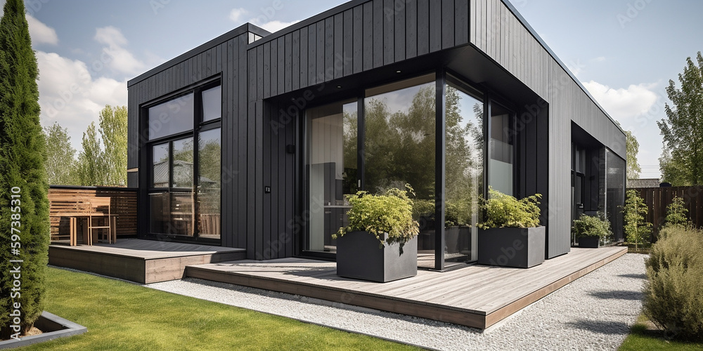 Exclusives Wohnhaus im modernen Stil mit viele Fenster, ai generativ