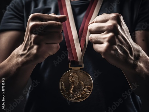 A person proudly holding up a gold medal