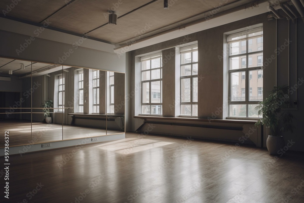 Unoccupied ballet studio; ample room for dancing. Generative AI