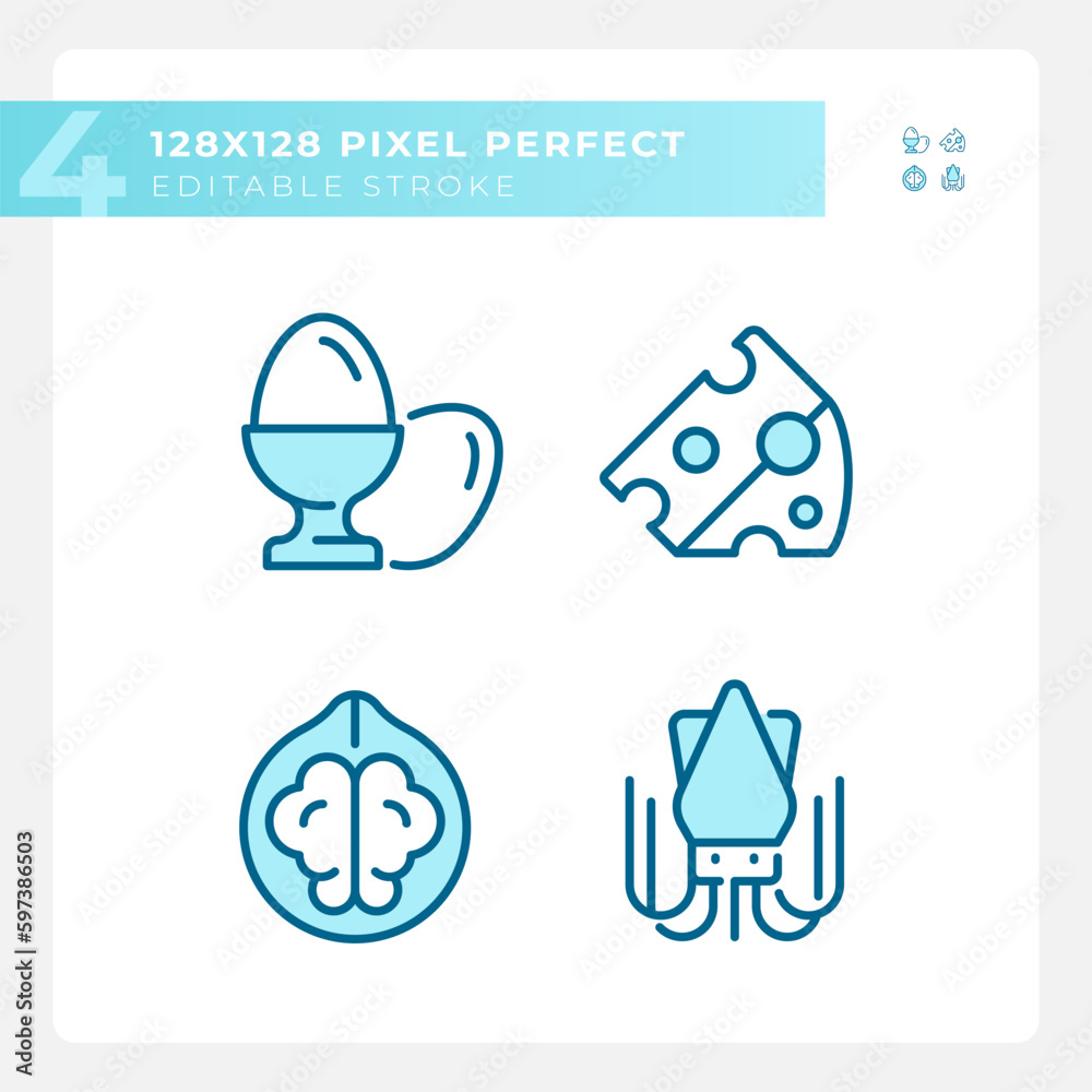 Healthy food pixel perfect blue RGB color icons set. Balanced diet ...