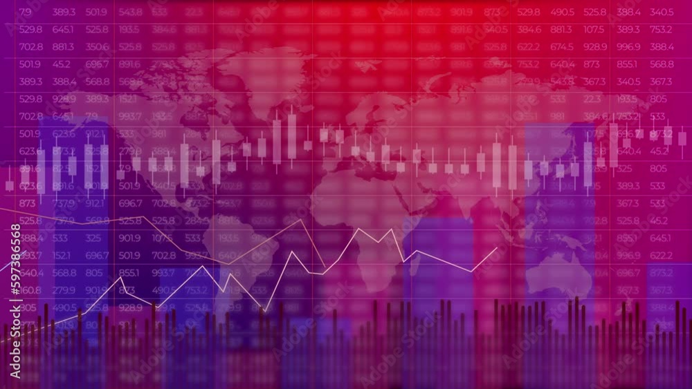 Animation of graphs and charts with variable numbers. Blurred background for business presentation with world map. Looped motion graphics in blue and red color.