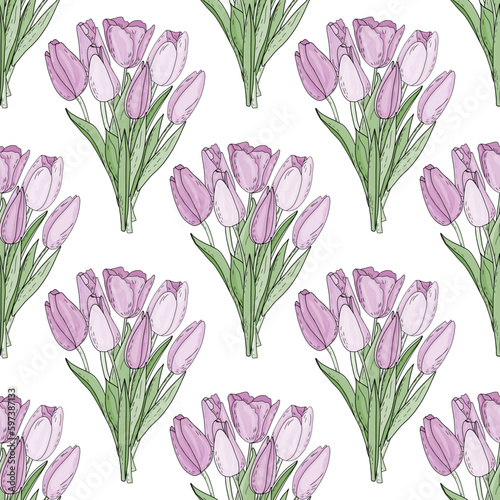 Hand drawn vector seamless pattern of isolated bouquet of pink tulips with leaves in doodle style