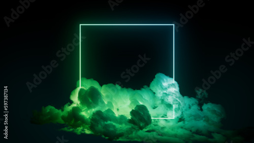 Green and Turquoise Neon Light with Cloud Formation. Square shaped Fluorescent Frame in Dark Environment. photo