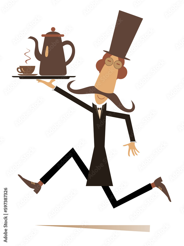Fototapeta premium Man carries a tray with coffeepot and cup. Running long mustache man in the top hat carries a tray with coffeepot and cup