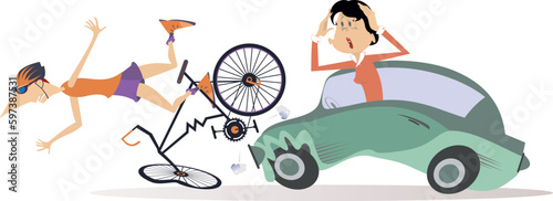 Traffic accident. Bike accident - collisions with car.
Automobile knocking down man riding on bike. Road collision with cyclist involved
