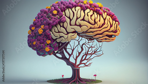 Human brain tree with flowers, self care and mental health concept, positive thinking, creative mind,