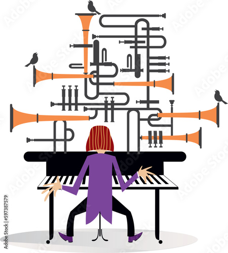 Man playing piano, organ or keyboard. 
Musician playing piano, organ or keyboard. Singing birds
