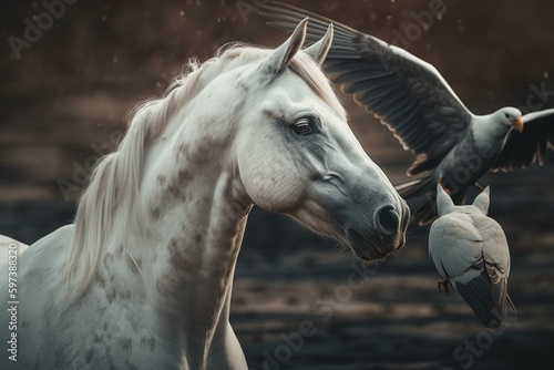 Painting of a stunning white horse and soaring eagle. Generative AI © Yara