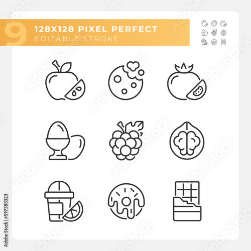 Food shopping pixel perfect linear icons set. Meal planning. Retail store. Supermarket. Grocery list. Customizable thin line symbols. Isolated vector outline illustrations. Editable stroke