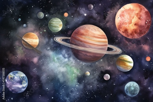 Bright watercolor cartoons of planets  stars  comets  and galaxies. Generative AI