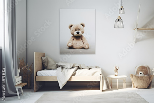 a child's room with white bedding, a bed, and teddy bear, Generative AI