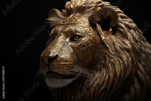 Asiatic lion with gold filigree inlay. Generative AI