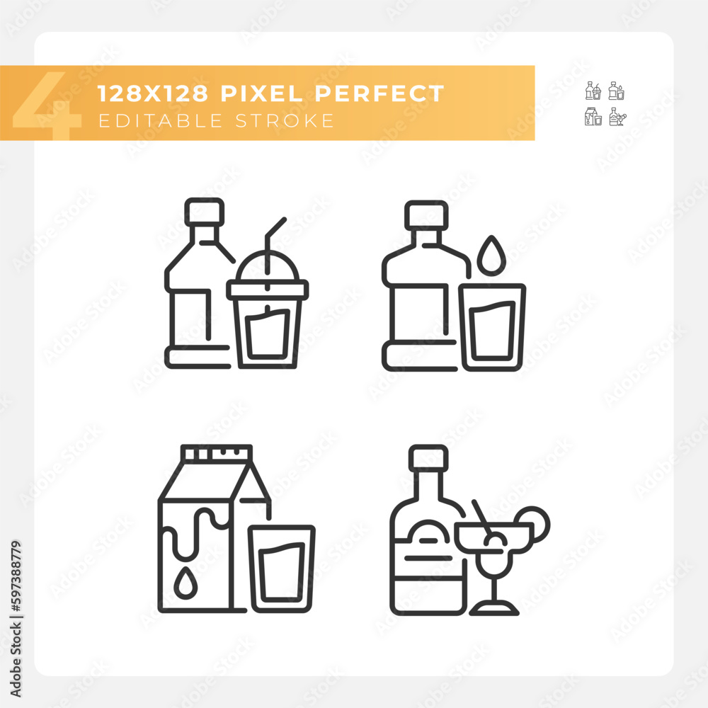 Bottled beverages pixel perfect linear icons set. Alcohol and soft drinks. Liquid refreshments. Customizable thin line symbols. Isolated vector outline illustrations. Editable stroke