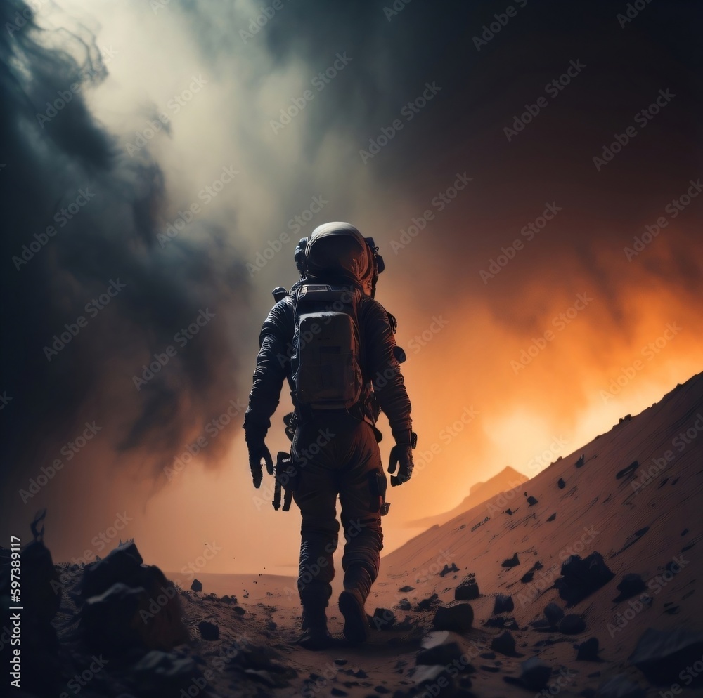 Astronaut exploring on Mars, heavy fog, dimly lit, Generative AI