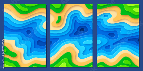 Set of river landscape, paper cut topography relief imitation multi layers banners. Aerial view of abstract natural landscape texture with flowing river art design vector illustration